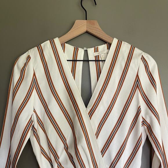 Maje Ieni Romper Size Medium Cream Bronze Striped Peplum One Piece Long Sleeve - Picture 5 of 16
